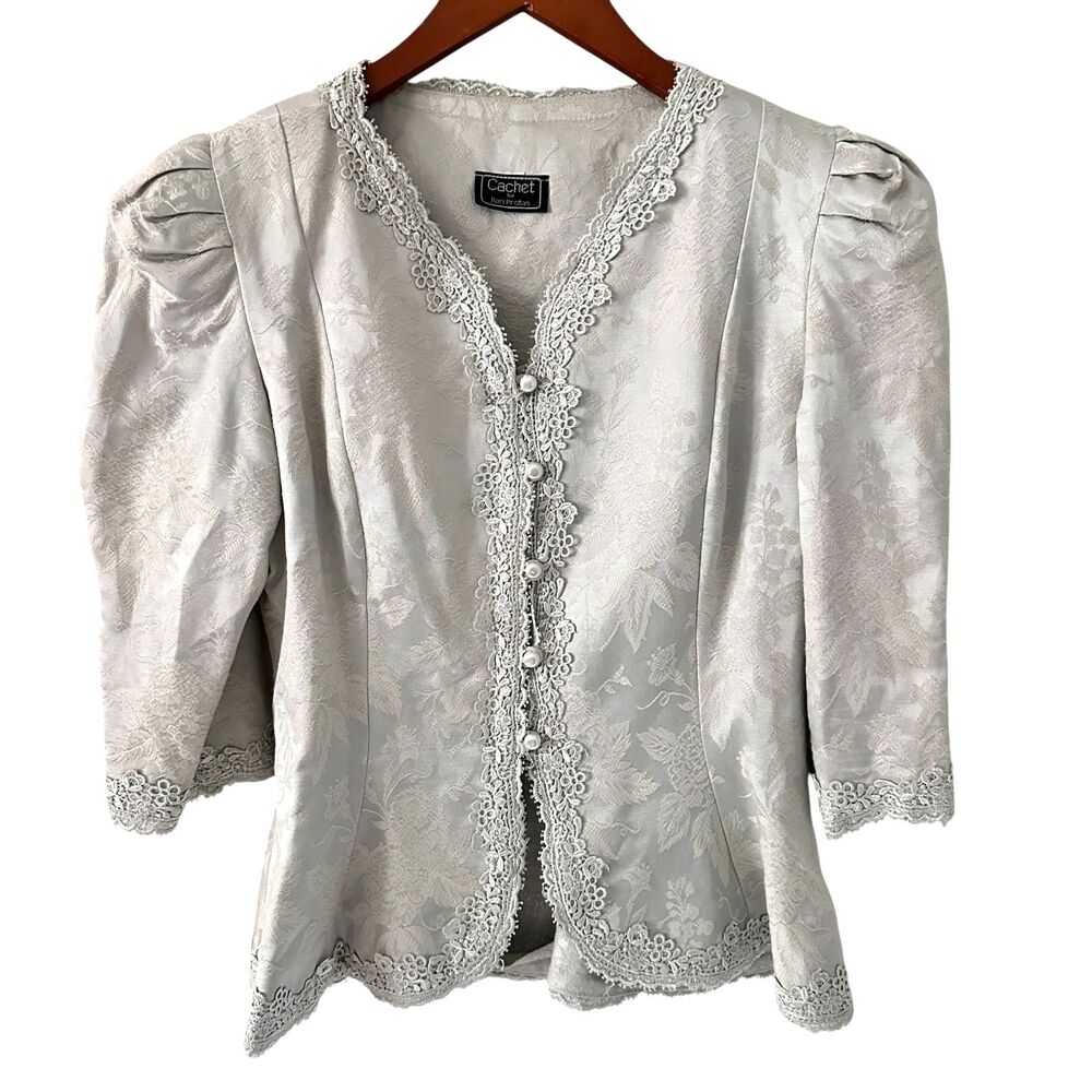 Cachet Bari Protas Light Mint Tapestry‎ Lace Puff Sleeves Button Up Blouse 11/12